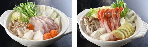 左：1月 鰤しゃぶ鍋 ／ 右：2月 蟹すき鍋